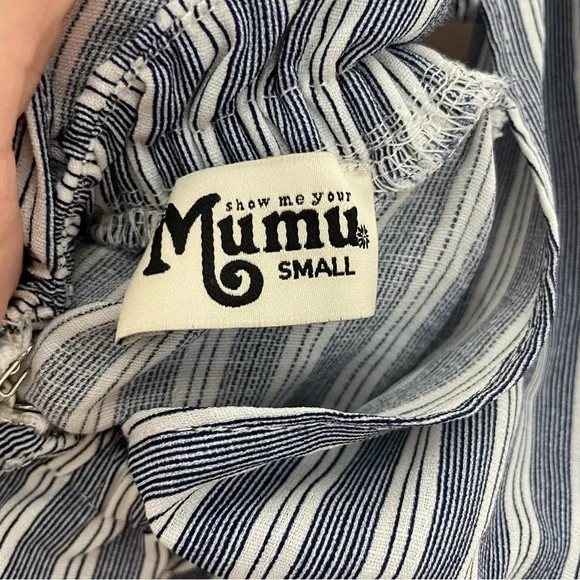 Show Me Your Mumu Melissa Blue and White Striped Bow Front Romper Size Small - Picture 5 of 6